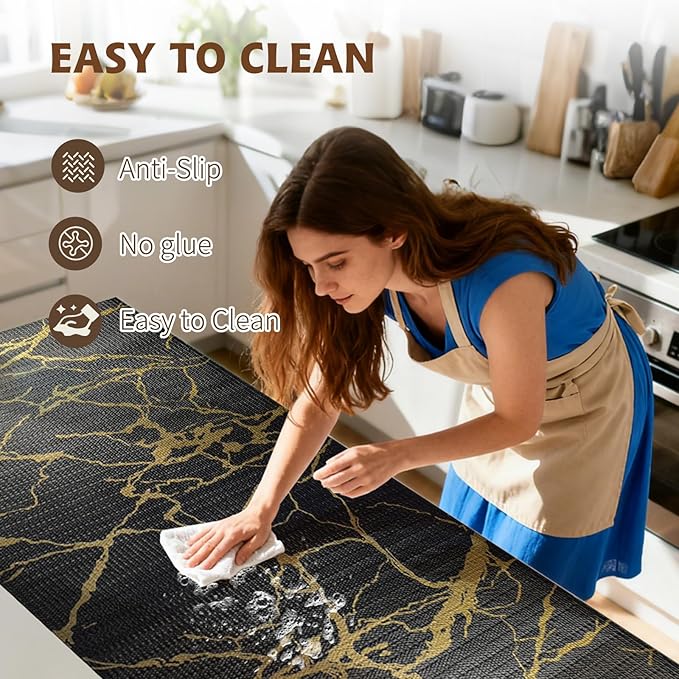 2-Layer Drawer and Shelf Liner for Kitchen Cabinet: 17.3in X 20Ft Non Slip Waterproof Shelf Paper Non Adhesive Refrigerator Liners Black/Gold Marble Easy Liners for Bathroom with Knife Tape Measure