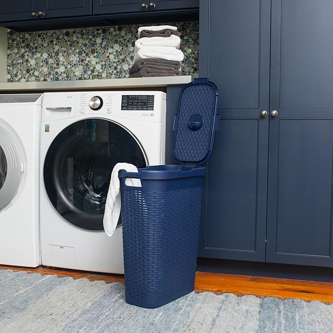 Mind Reader Slim Laundry Hamper with Lid, 40L Clothes Basket, Premium Wicker Design, Plastic, Navy