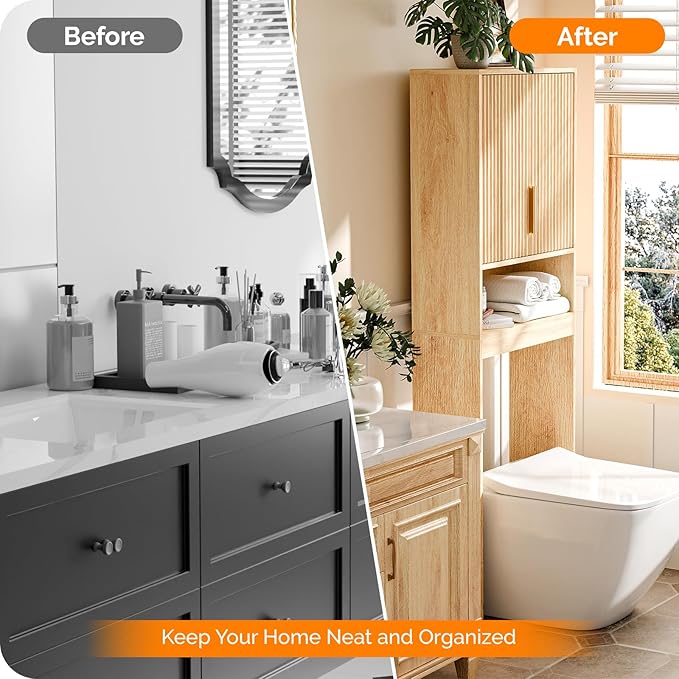 VINGLI Over The Toilet Storage Cabinet with Fluted Doors, Mid Century Modern Bathroom Organizer Over Toilet, Freestanding Wooden Space Saver Stand with Adjustable Shelves, Natural Oak