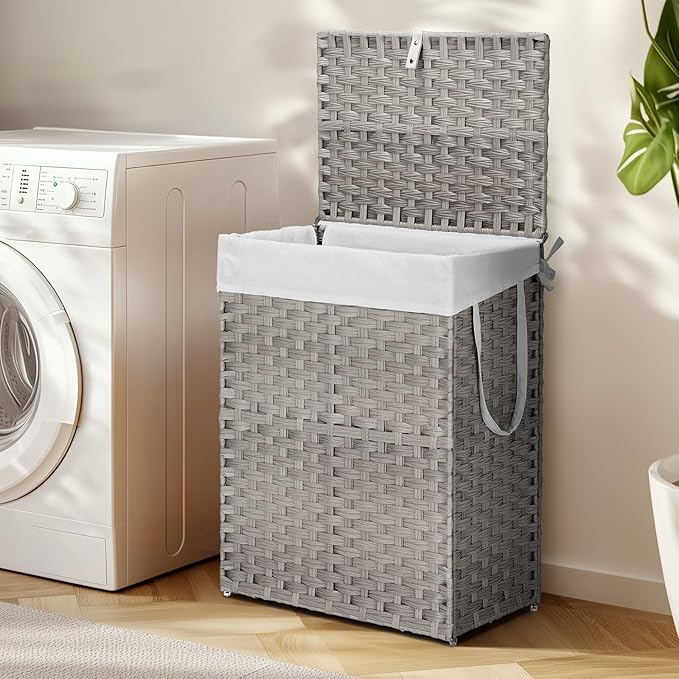 DUMOS Wicker Laundry Basket with Lid, 24 Gallon (91L) Woven Laundry Hamper with Handles, Foldable Rattan Clothes Hamper with Removable Liner & Sturdy Steel Frame, Dove Gray
