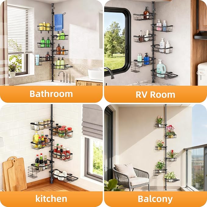 Shower Caddy Corner, 6 Tier Tension Pole Rod Bathroom Organizer Shelves, Adjustable Bathtub Shampoo Stand Rack with Towel Rack 2 Holders for Inside Shower Storage, Floor to Ceiling 47-122 Inch, Black
