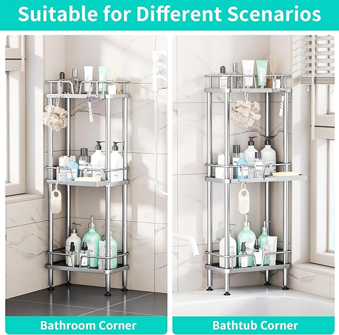 HapiRm Standing Corner Shower Caddy - 3 Tier Corner Shower Organizer with Soap Holder, Rustproof Stainless Steel Bathroom Shelf with 4 Hooks, Silver