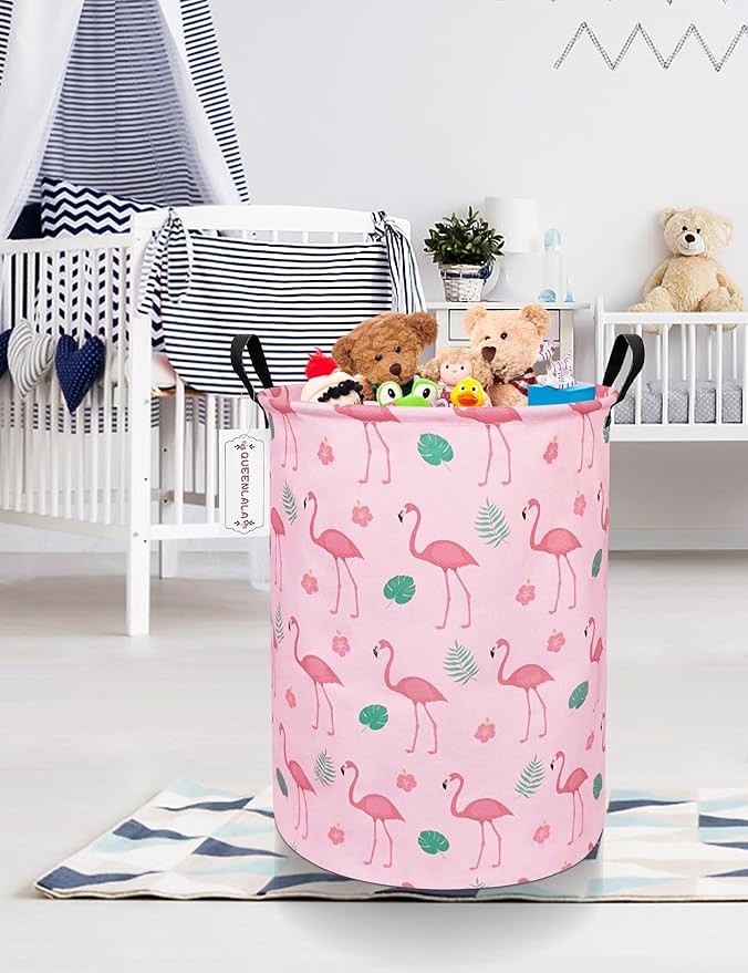 QUEENLALA Large Storage Basket,Laundry Hamper/Bathroom/Home Decor/Collapsible Round Storage Bin,Boys and Girls Hamper/Boxes/Clothing(Round-Pink Flamingo)