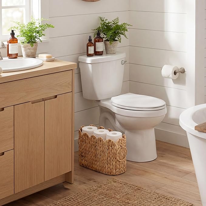 StorageWorks Scalloped Bathroom Toilet Paper Storage Holder, Wicker Toilet Paper Basket for 6 Regular Rolls, Slim Scalloped Basket Organizer with Handles, Water Hyacinth Storage Baskets for Bathroom