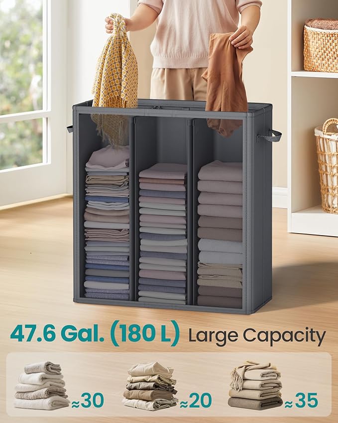 SONGMICS 47.6 Gallon (180 L) Laundry Hamper, 3-Compartment Laundry Basket Sorter with Lid, Labels, Removable Liner Bags, for Bedroom, Dark Gray URLH013G01