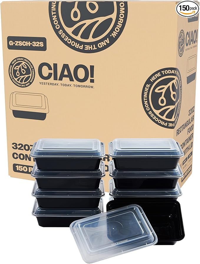 CIAO! Heavy Weight 38oz Injection Molded Microwavable Black Round Food Container with Lid (150/case)