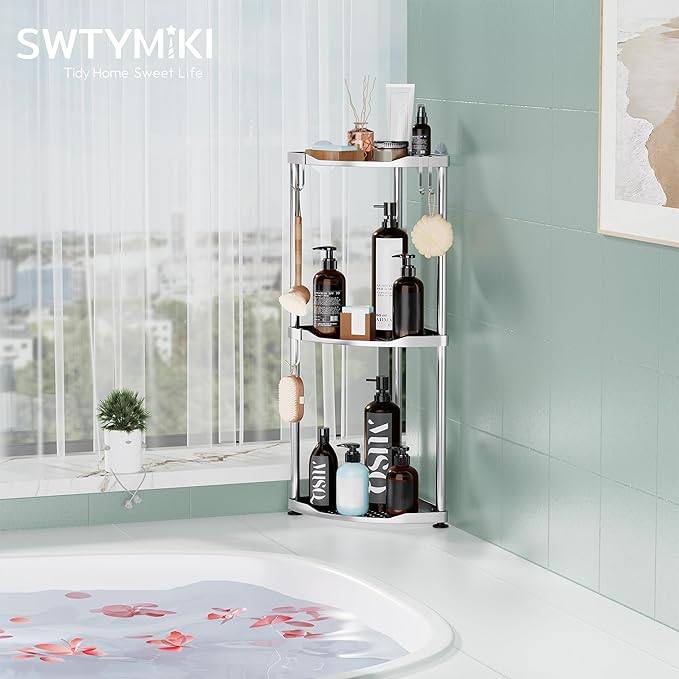 SWTYMIKI Corner Shower Caddy Standing - 3 Tier Stainless Steel Shower Organizer Stand, Large Capacity Floor Shelf with 4 Hooks, Rustproof Bathroom Storage Rack,Silver