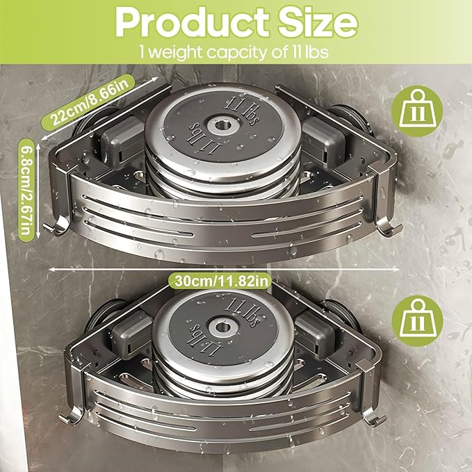Corner Shower Caddy Suction Cup,Shower Shelves with Hooks,No Drilling Powerful Suction Bathroom Organizers and Storage,Removable Waterproof Rustproof Shower Bathroom Accessories Decor(Grey 2Pack)