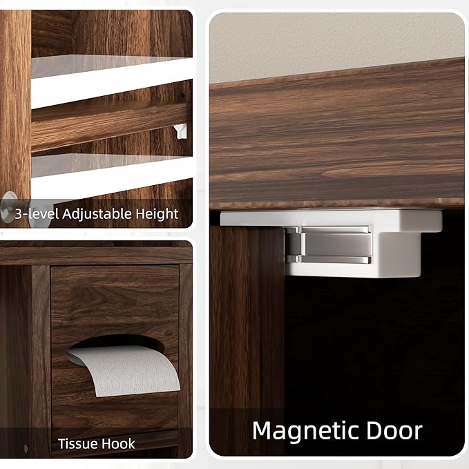 Shintenchi Over The Toilet Storage Cabinet, Bathroom Storage Cabient with Barn Doors, Bathroom Storage Shelf Organizer with Toilet Paper Holder, Adjustable Shelf and Anti-Tip Device, Walnut