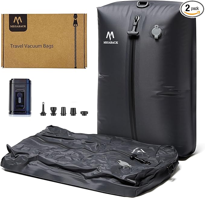 Megaback Travel Vacuum Bags for Luggage with Pump, Reusable Vacuum Seal Bags for Clothing, IP68 Waterproof, Top-open Design, Fits 20/24/28 Inch Suitcase (1PC+Pump, 43L)