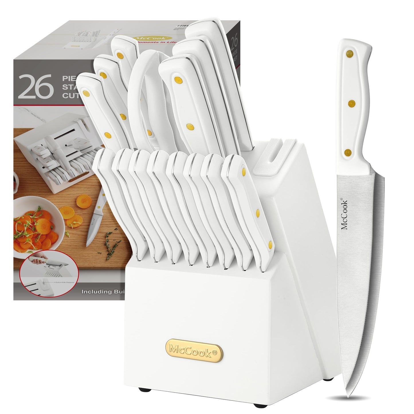 McCook® Kitchen Knife Sets, Golden Titanium Stainless Steel Knives Block Set with Built-in Sharpener, 20 Piece Knives, Restaurant Grade Sharp, Elegant Gold & Stylish Wooden Block for Modern Culinary