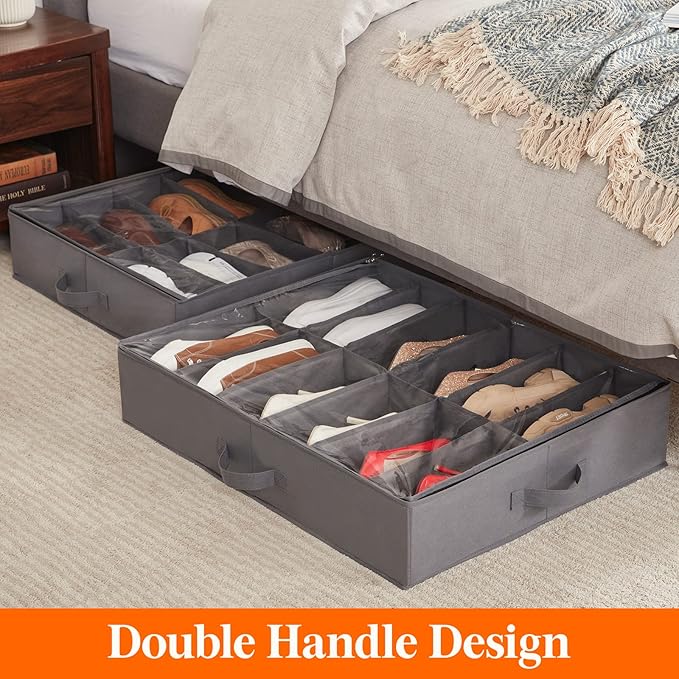 Lifewit Under Bed Shoe Storage Organizer Set of 2, 4.3 Inches Tall Low Profile Fabric Shoes Container Box with Clear Cover, Foldable Storage Bag with 2 Handles, Total Fits 24 Pairs of Shoes, Grey