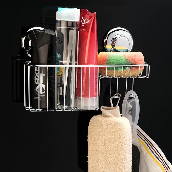 HASKO Shower Caddy Suction Cup, Shower Shelf with Soap Dish and Hooks Organizer, Suction Bathroom Shelf for Storage, Wall Mounted Basket (Polished Stainless Steel SS304)