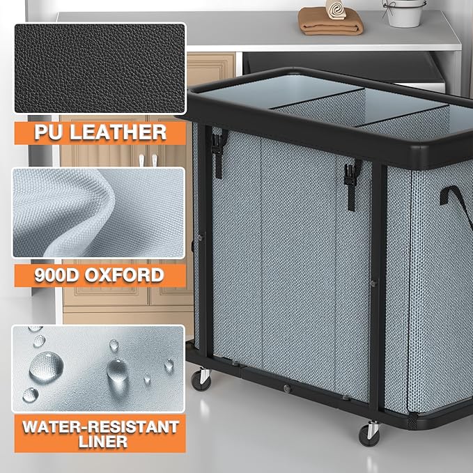 230L (60 Gal) Large Fashion Laundry Basket with Wheels, Leather Patchwork Laundry Sorter 3 Section, Sturdy Metal Frame, Removable Washable Bag, Tall Clothes Sorter for Bedroom - Gray