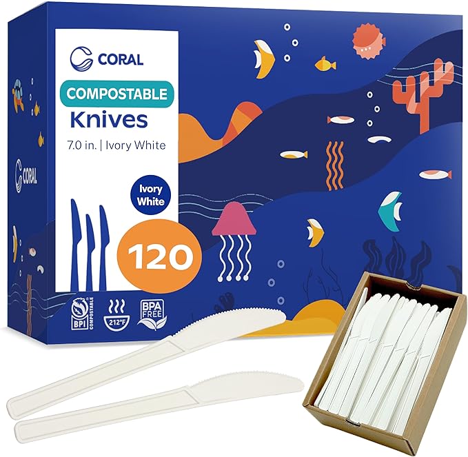 CORAL Light Brown 100% Compostable Spoons - 120 Heavy Duty No Plastic Spoons (6.5 inch) - Break Resistant with Smooth Edges, Ocean Friendly Alternative to Plastic Utensils - Biodegradable & Disposable