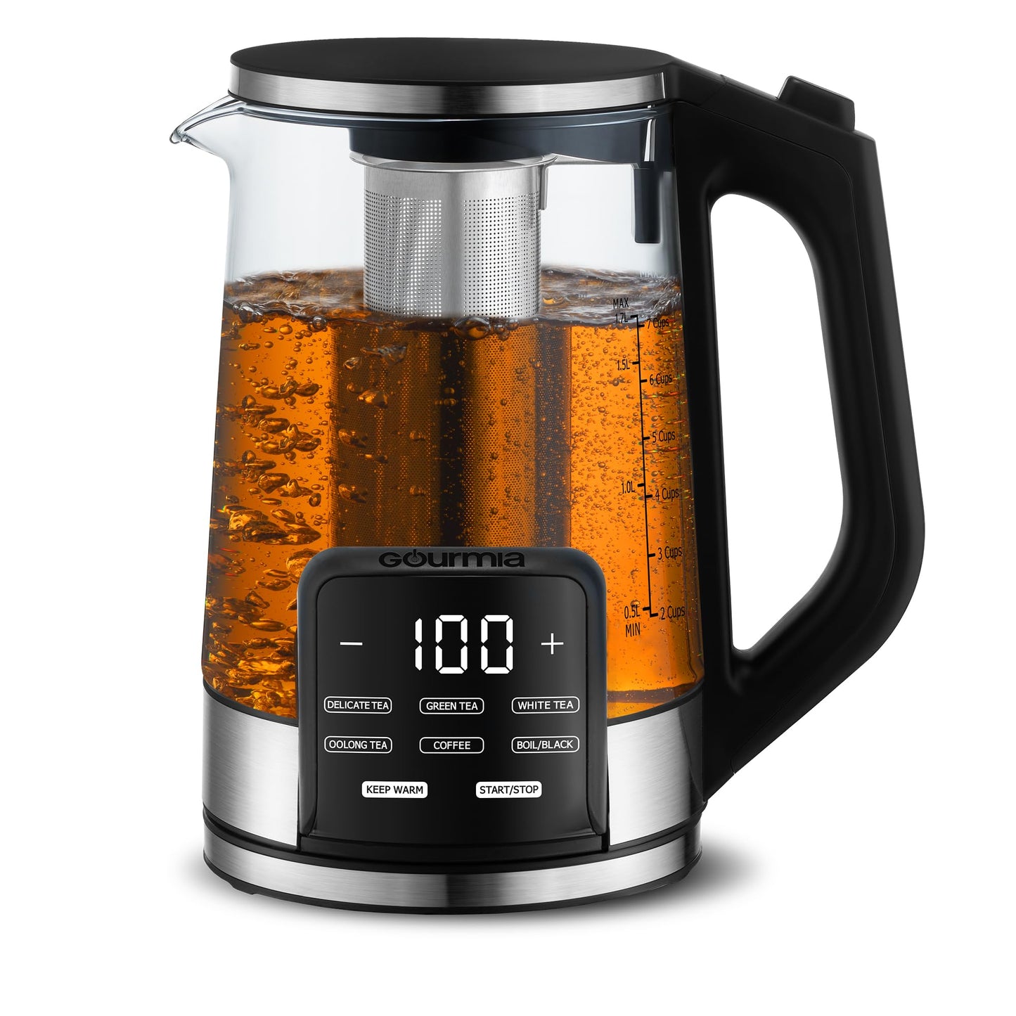 Gourmia Electric Glass Kettle – 1.7L Programmable Tea & Coffee Brewer with Digital Touch Display, 6 Presets, Removable Stainless Steel Infuser, Cordless with 360° Swivel Base, Peach