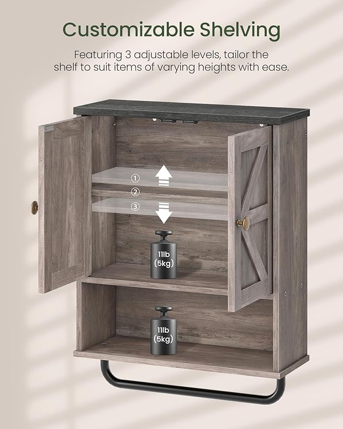 Bathroom Wall Cabinet, Medicine Cabinet with Open Partition and Towel Bar, Rustic Storage Cabinet with Open and Hidden Storage Space, for Bathroom, Living Room, Greige and Charcoal Black