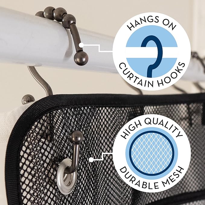 S&T INC. Shower Organizer, Shower Caddy or Bathroom Organizer with Quick Drying Mesh, 7 Pockets to Hold Shampoo, Soap, Loofah, and Cruise Ship Essentials, 14 Inch by 30 Inch, Black, 1 Pack