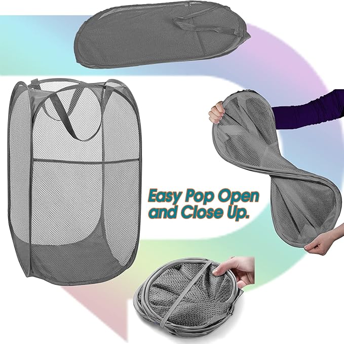 BATTOO Deluxe Strong Mesh Pop up Laundry Hamper Basket with Side Pocket for Laundry Room, Bathroom, Kids Room, College Dorm or Travel 2 x Grey