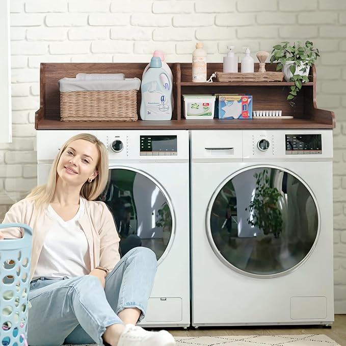 DTK Washer Dryer Wood Countertop with Shelf, Laundry Topper with Non-Slip Mat,27.55" Depth x 54" Width Dryer Covers for The Top with Edge Rails (Dark Walnut)