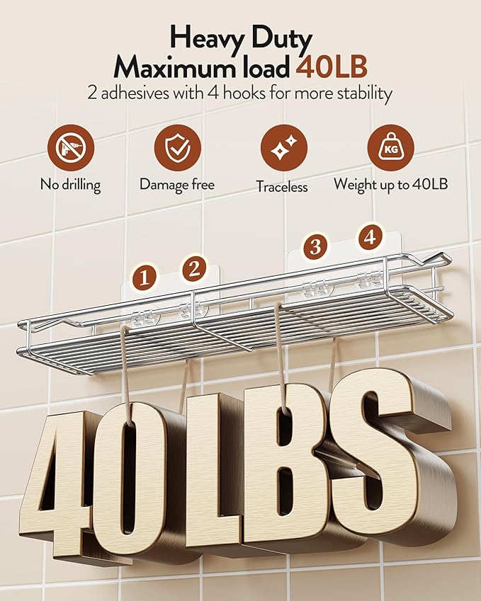 Orimade Bathroom Shelf Organizer Shower Caddy Storage Kitchen Rack with Traceless Transparent Adhesive No Drilling SUS304 Stainless Steel, 15.75 inch, Silver