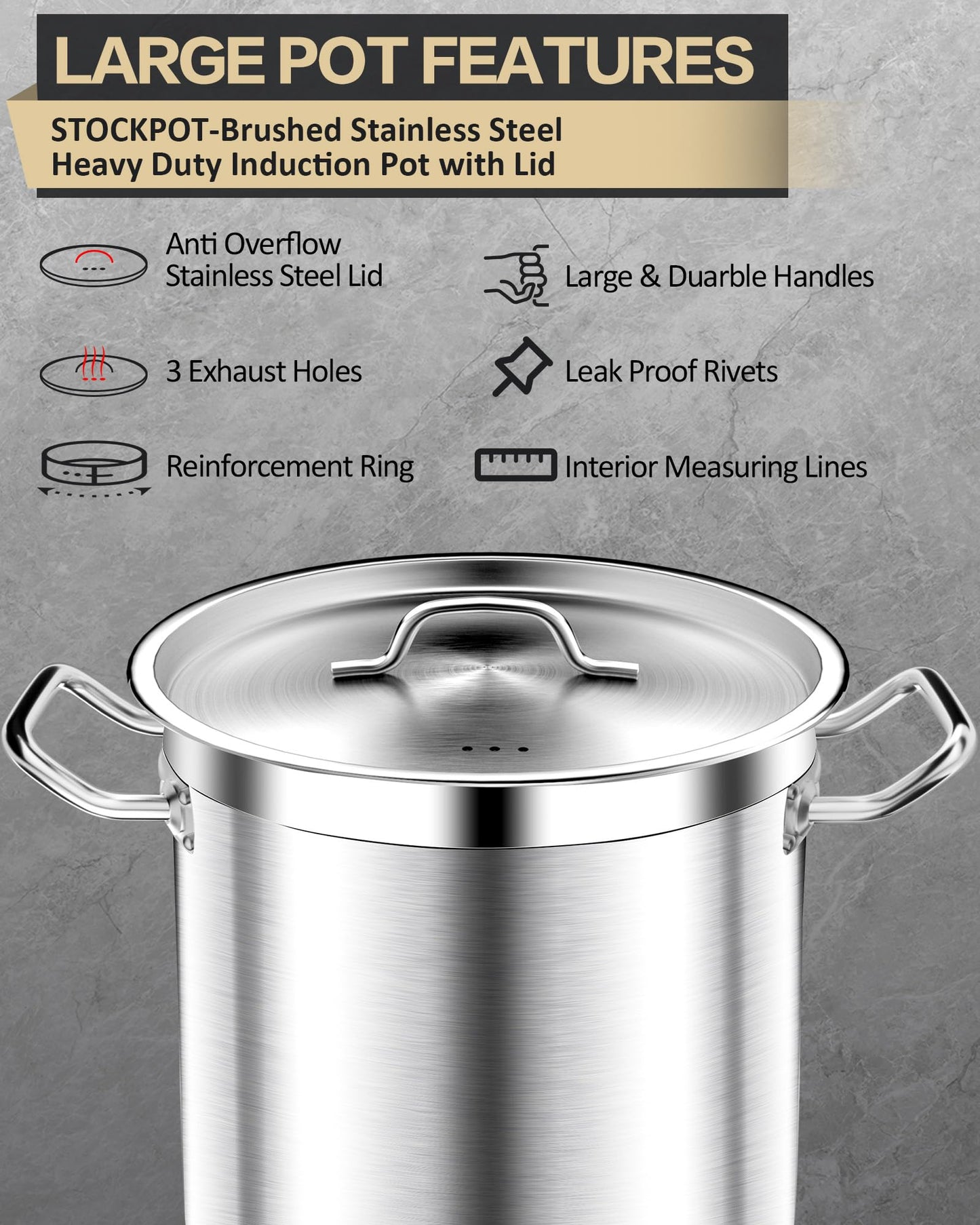 STOCKPOT 20 Quart Soup Pot with Lid – Stainless Steel Stock Pot, Heavy Duty Cooking Pot for Soup, Pasta, Stew – Induction & Oven Safe, Commercial & Home Use