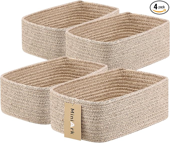 Small Storage Baskets for Organizing | Closet Organizer Bins | Shelf Toy Basket | Woven Rope Baskets | Cube Decorative Box | Shallow Basket | 11.5x7.5x4.7” | 4 Packs Mixed Brown