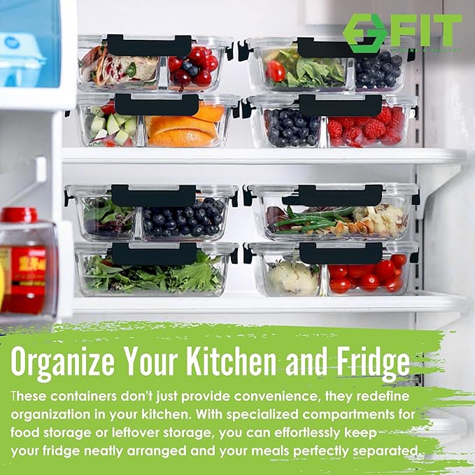 FIT Strong & Healthy Glass Meal Prep Containers, 2 & 3 Compartments – 32 oz Glass Containers with Lids, Food Storage with Black Lids, Oven & Freezer Safe, Leak-Proof Bento Box Adult, 4 Pack