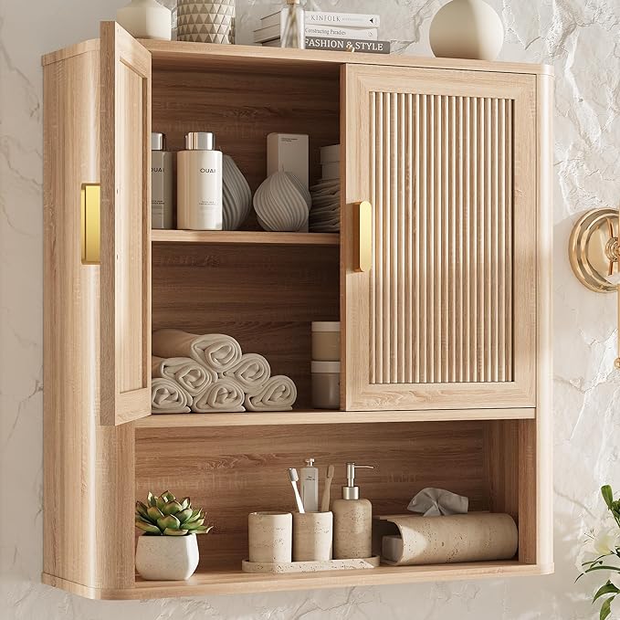 Bathroom Wall Storage Cabinet, Medicine Cabinet with Adjustable Wood Shelf & Doors, Over The Toilet Storage Cabinet for Laundry Room & Kitchen & Living Room (Natural Oak)