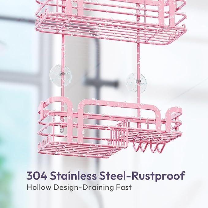 SWTYMIKI Shower Caddy Hanging Organizer - Over the Door Shower Caddy with Soap Holder, 11 Hooks, 2 Installation Ways, Stainless Steel Rustproof Bathroom Organizer, Pink