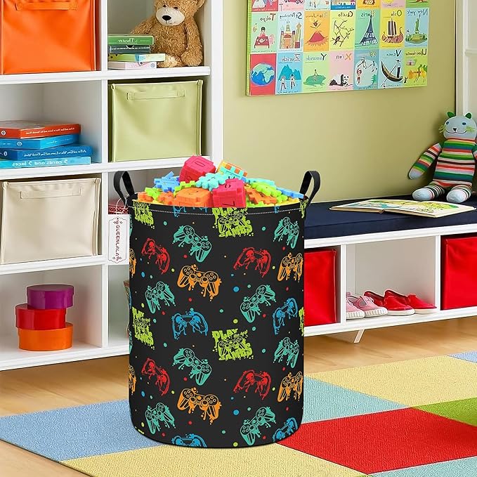 QUEENLALA Large Storage Basket,Laundry Hamper/Bathroom/Home Decor/Collapsible Round Storage Bin,Boys and Girls Hamper/Boxes/Clothing(Round-Black Game)