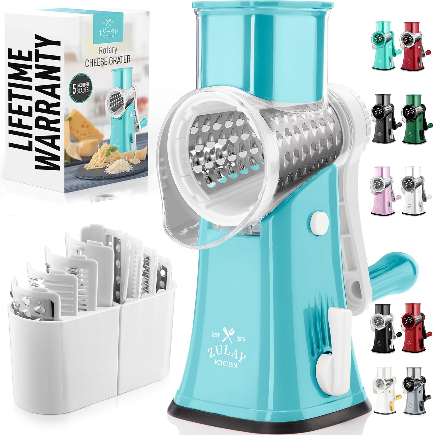 Zulay Kitchen Rotary Cheese Grater 5 Blade Cheese Shredder - Manual Hand Crank Cheese Grater With Reinforced Suction & 5 Interchangeable Drums - Easy to Use, Vegetable Chopper Round Mandoline Slicer