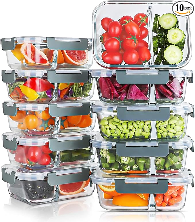 KOMUEE 10 Packs 30oz Glass Meal Prep Containers 2 Compartments, Green