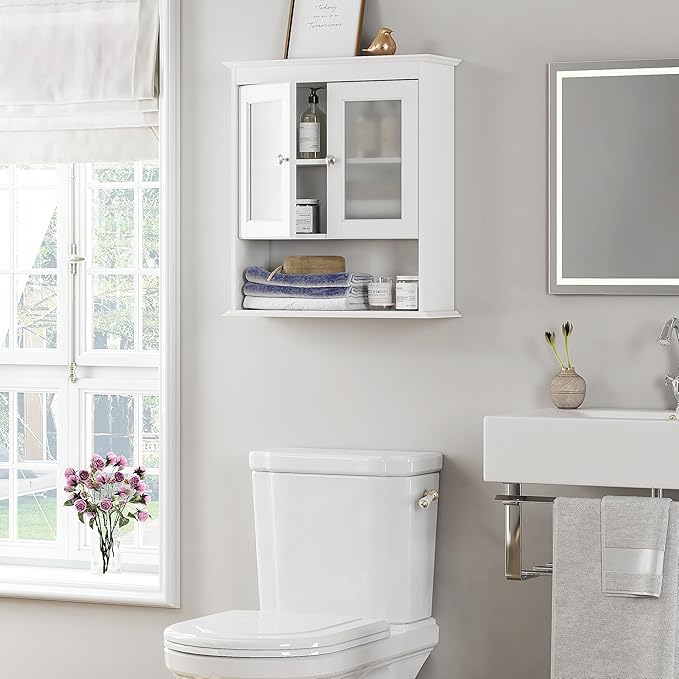 Spirich Bathroom Cabinet Wall Mounted, Medicine Cabinet Organizer with Glass Doors and Adjustable Shelves, Bathroom Wall Cabinet Over Toilet, White
