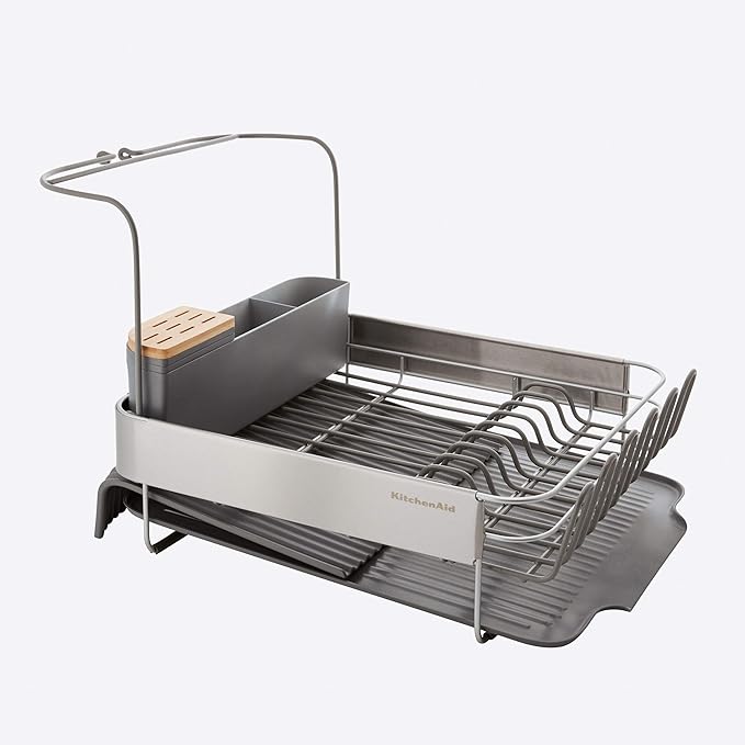 KitchenAid Compact to Full Size Expandable, Rust Resistant Satin Coated Dish Rack with Angled Self Draining Drain Board and Removable Flatware Caddy, 24-Inch, Charcoal