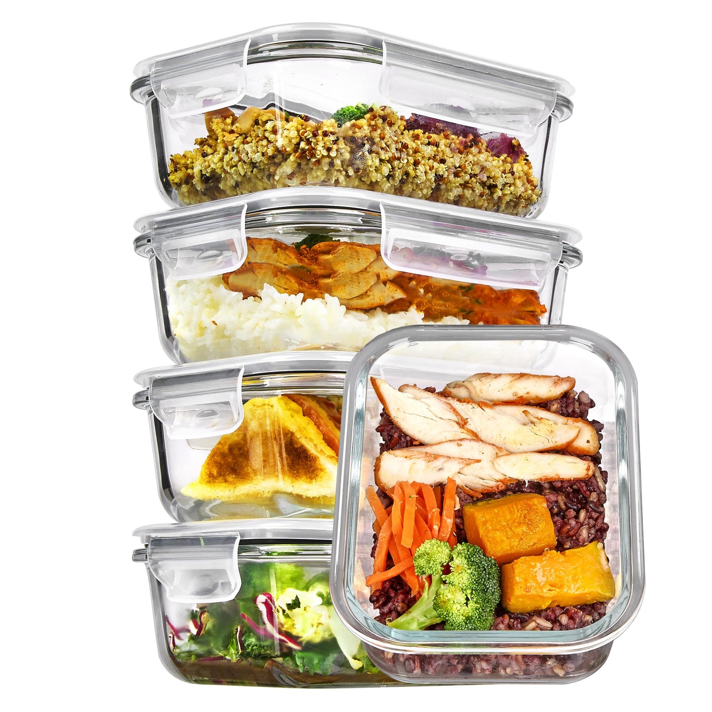 Vtopmart 5 Pack 35oz Glass Food Storage Containers with Lids, Grey