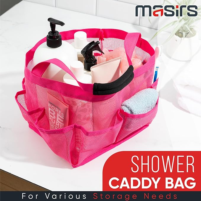 Masirs Shower Caddy Mesh - 9 Pocket Portable Bathroom Organizer Tote for Travel, Gym & Dorm - Collapsible Small Shower Caddy Bag to Hold Toiletries & Essentials (Pink)
