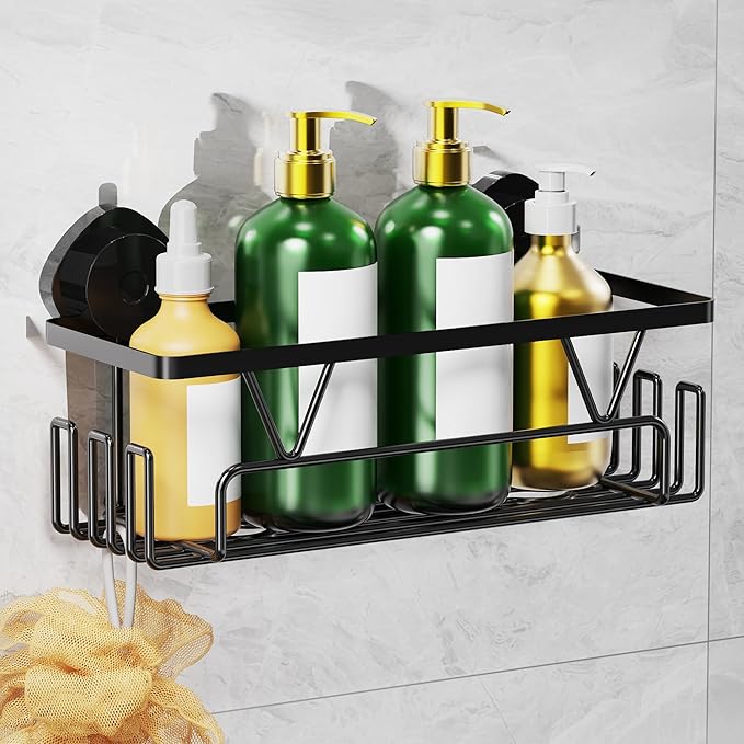 ZUNTO Suction Cup Shower Caddy with Hooks for Bathroom, No Drill and Reusable, Removable Shower Shelf for Organizer and Storage, Damage-free with Large Capacity for Wall