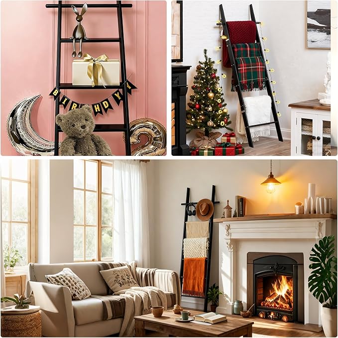 Farmhouse 6 Ft Wooden Blanket Ladder with Removable Hooks, 6-Tier Rustic Blanket Rack Decorative Stand, Leaning Towel Quilt Display Holder Storage for Bathroom Living Room Decor Black