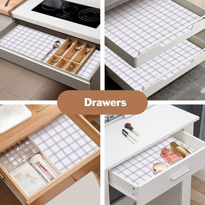 Drawer and Shelf Liner for Kitchen Cabinet: 12 in X 30 Ft Non Slip Waterproof Shelf Paper Non Adhesive Refrigerator Liners White Square Easy Liners for Bathroom Cupboard with Knife Tape Measure