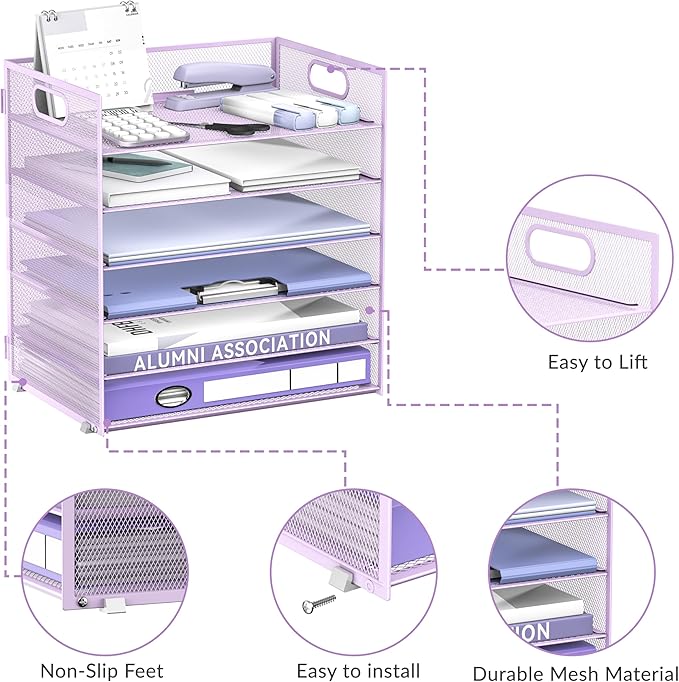 Daltack 6 Tier Paper Organizer for Desk, Paper Letter Tray Organizer for Desks, Mesh Desk File Organizers with Handle for Office, Home, School, Purple