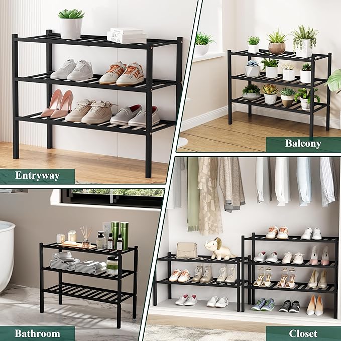 Smiry Shoe Rack, 5 Tier Small Bamboo Shoe Organizer, Stackable Free Standing Wooden Shoe Storage Shelf for Closet, Entryway, Front Door Entrance, Black