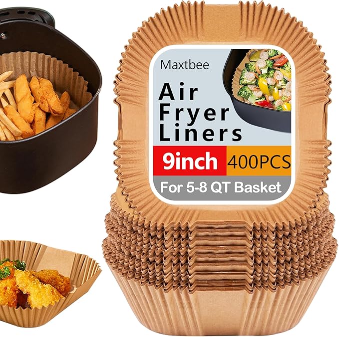 10 Inch Air Fryer Liners Disposable, 200Pcs Square Air Fryer Paper Liners, Oil-Proof & High-Temperature Resistant Parchment Baking Paper for Air Fryer, Microwave and Oven（Bottom Is 9 Inch）