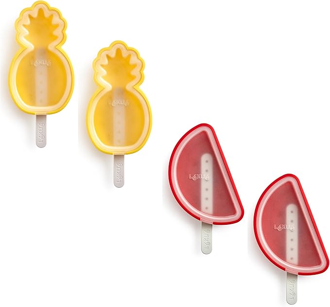 Lékué Set of 4 Iconic Popsicle & Ice Cream Molds + Sticks & Lids | Fun Shape Homemade Freezer Ice Pops | Flexible Platinum Silicone for Easy Fill & Unmold | Reusable & Dishwasher Safe| Multicolor