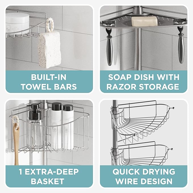 Zenna Home Tension Pole Shower Caddy Corner Organizer, Adjustable Standing Shower Caddy with 3 Shelves and Soap Tray, Rust Resistant Bathroom Tension Rod Organizer, 60 to 97 Inch, Satin Nickel