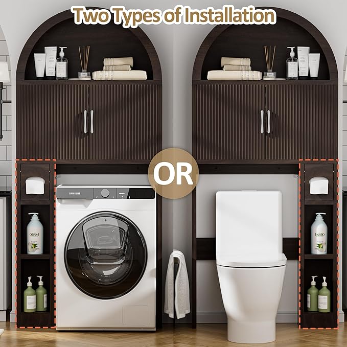 Spurgehom Over The Toilet Storage Cabinet, Bathroom Shelf Organizer Freestanding, Bathroom Arch Cabinet Over Toilet with Toilet Paper Holder and Anti-Tipping Device (Coffee)