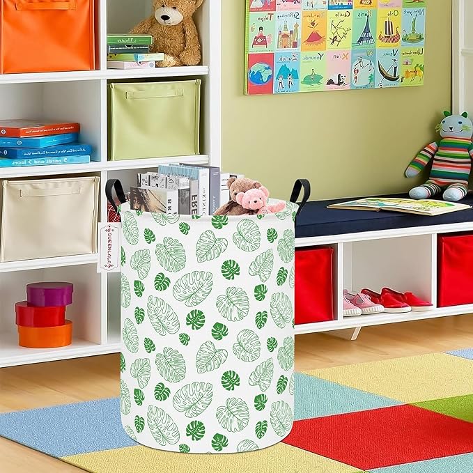 QUEENLALA Large Storage Basket,Laundry Hamper/Bathroom/Home Decor/Collapsible Round Storage Bin,Boys and Girls Hamper/Boxes/Clothing(Round-Green Leaf)