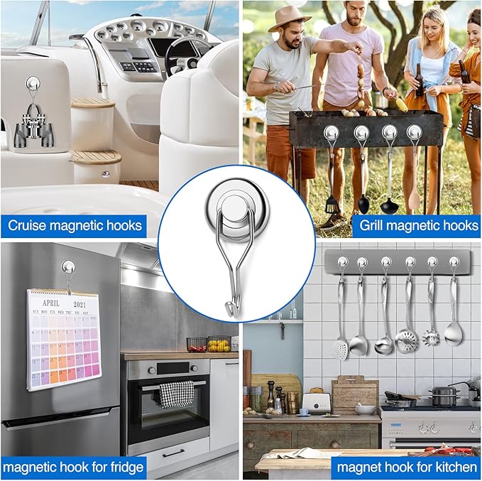 LOVIMAG Hooks, 120lbs+ Magnetic Magnet Hook 2025 Cruise Cabin Ship Essentials Heavy Duty Strong Refrigerator Fridge Hanging for Classroom Beach Vacation Kitchen Grills Home Mug Hanger (8 Pack), Silver