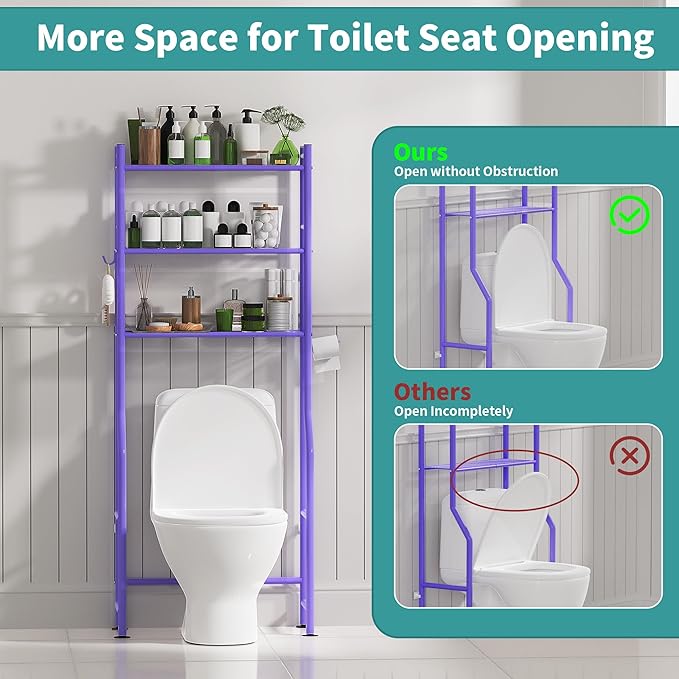 3-Tier Over The Toilet Storage with Paper Holder, Metal Bathroom Organizers and Storage for Small Space, Freestanding Bathroom Shelves with 4 Hooks, Above The Toilet Storage Shelf (Purple)