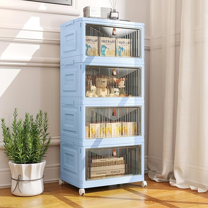 4 Tier Stackable Plastic Storage Bins with Lid and Wheels - 23 QT Closet Organizers and Storage, Foldable Storage Containers, Organization and Storage Boxes for Craft, Home, Pantry, Dorm, Blue
